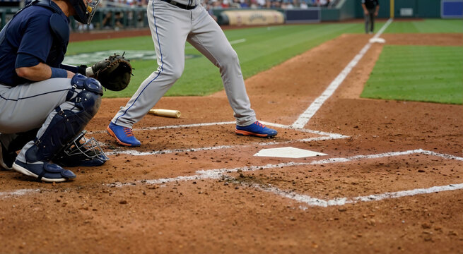 Close up of a baseball batter and catcher at home plate. Professional players in action on a dirt field during a competitive game