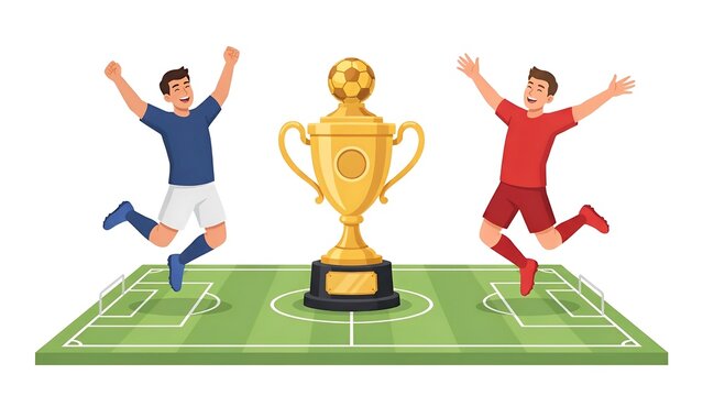 Soccer players celebrate with trophy on field