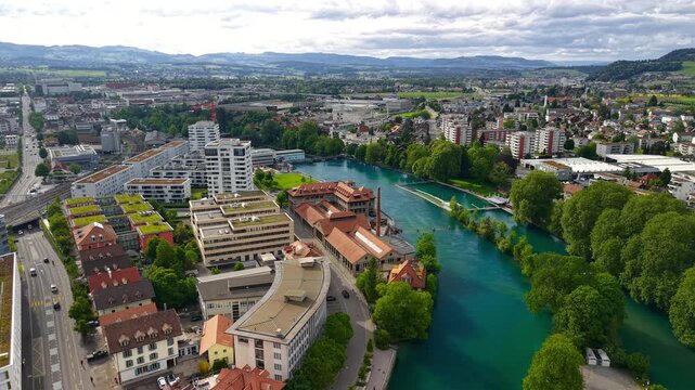 Aerial view of Thun and Aare river in Switzerland