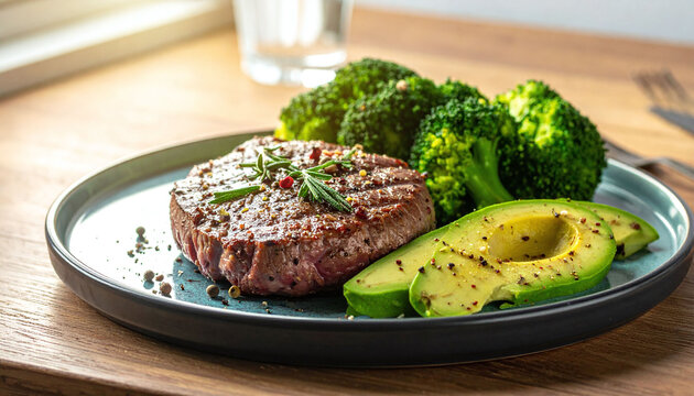 Indulge in a healthy, mouthwatering keto meal featuring a juicy grilled beef steak with fresh broccoli and seasoned avocado slices, served under warm sunlight. Nobody.