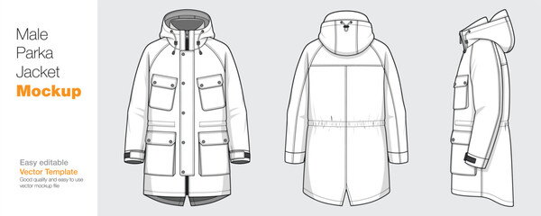 Men's Parka Jacket Mockup Vector Template - Front, Back, and Side View © SK design