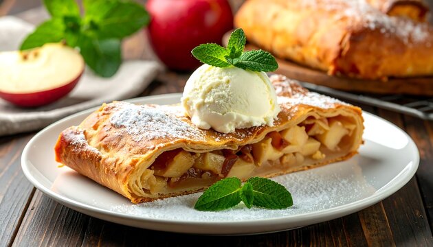 A slice of apple strudel topped with ice cream on a white plate