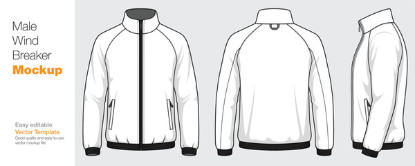 Men's Windbreaker Jacket Mockup Vector Template - Front, Back, and Side View © SK design