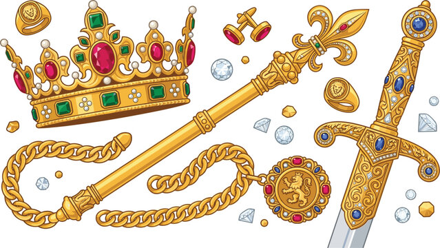 Luxury Royal Regalia Vector Set Featuring Golden Crown with Rubies and Emeralds, Scepter, Ornate Ceremonial Sword, Chain Necklace, Rings, and Loose Diamonds