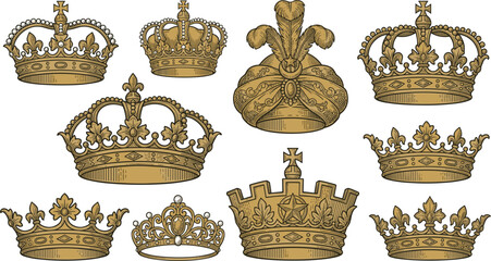 Vintage Heraldic Golden Crown Vector Collection Featuring Hand Drawn Imperial Coronets, Royal Tiaras, and Medieval Fleur de Lis Monarch Headwear © Mdsahidul