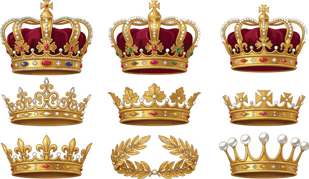 Luxury Golden Royal Crown Vector Set Featuring Imperial Velvet Headwear, Ornate Tiaras with Diamonds, Fleur de Lis Coronet, Pearl Diadem, and Laurel Wreath
