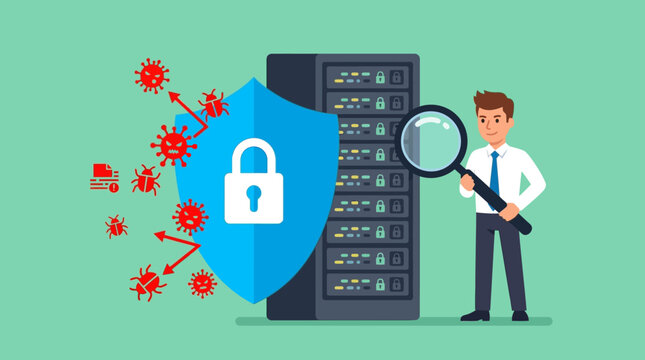 Man investigates server with shield and lock against virus attack in office