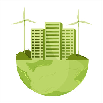 Eco city buildings with wind turbines in flat style on white background showing concept of green energy and ecology. Vector illustration
