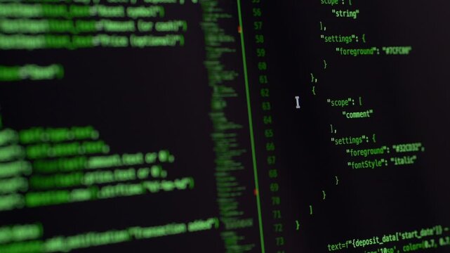 Close up of programming code scrolling on dark computer screen with green text. Artificial intelligence coding, software development and cybersecurity concept. AI coding, cybersecurity concept