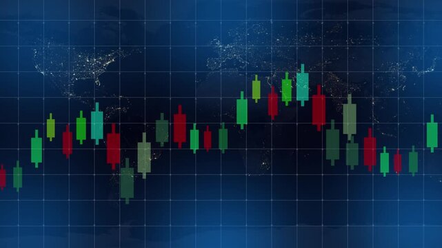 Close-up of a financial chart with red and green candlesticks on a dark background with a grid pattern, conveying a sense of market trends and trading activity