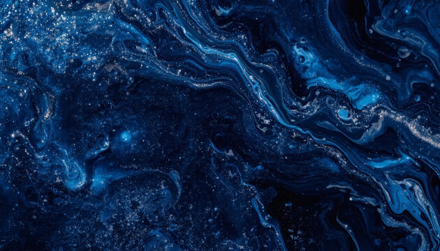 Midnight blue epoxy resin art with silver glitter macro. Modern decor.