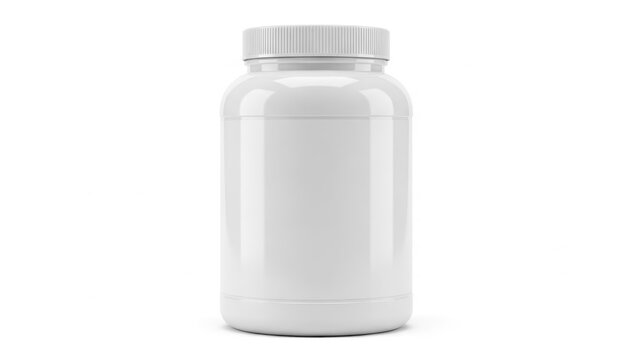 Blank white plastic jar for protein powder or sports nutrition supplements with a screw cap lid for product branding