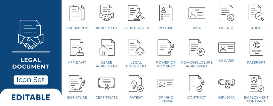 Legal document and law icons set. Contract and agreement icons in line style. Editable web icons signature, license, passport, certificate, audit and visa. Vector illustration.