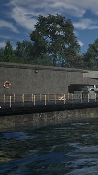 People gather at a dock to enjoy views of the water and surrounding trees. The sun shines down as they talk and relax by the edge of the area. A lifebuoy is visible on the wall.