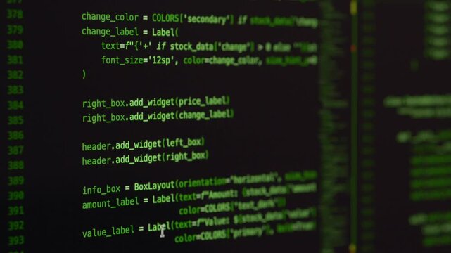 Developer screen showing Python class definitions and financial data functions in dark code editor. Vibe coding and AI assisted software automation development process concept.