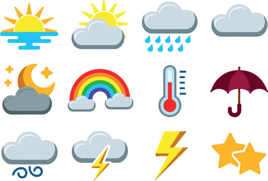 Weather forecast icons set, flat cartoon sun rainbow rain storm umbrella thermometer vector background template