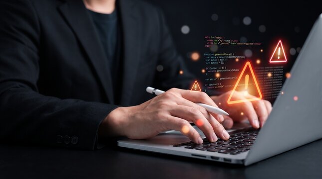 Developer troubleshooting critical system bugs and code errors on laptop with warning icons indicating security vulnerability and unauthorized network intrusion risks

