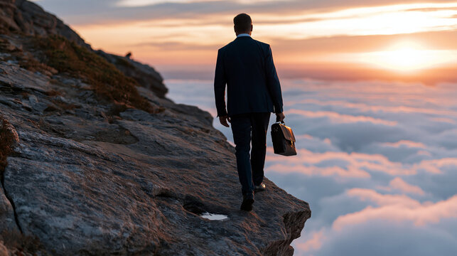 Faceless businessman standing at the edge of a dramatic cliff at sunset with clouds below low angle view vision ambition stepping forward with copy space