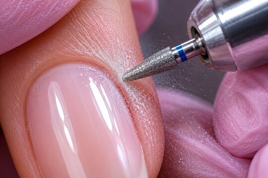 Manicurist working with an electric nail drill to remove cuticles from a woman finger. Professional hardware manicure procedure. Cosmetic nail care and salon hand treatment concept.