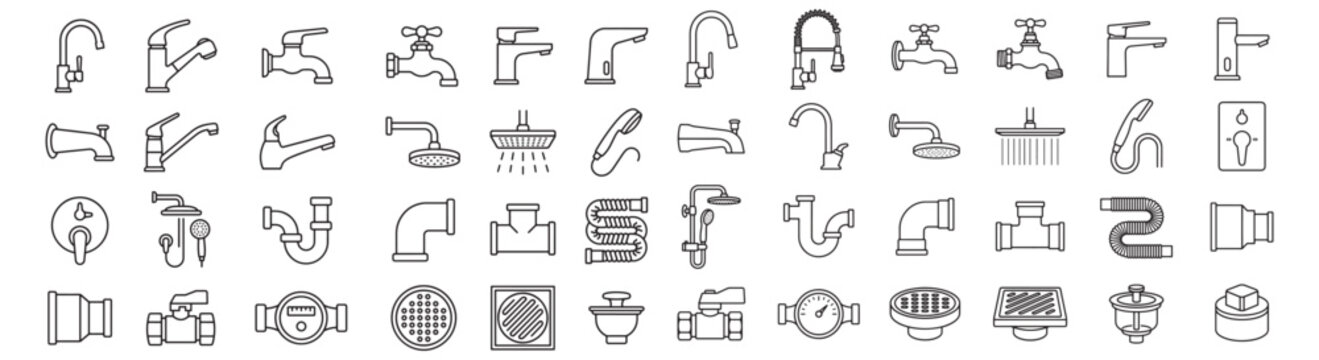 Set Of Plumbing And Faucet Line Icons Featuring Taps, Showers, Pipes And Bathroom Fixtures