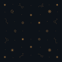 Fototapeta premium Celestial seamless pattern with gold constellations and stars, mystical zodiac background on dark blue, elegant astronomical wallpaper for wrapping paper