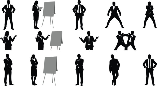 Business silhouettes set featuring corporate professionals presenting with flipcharts arguing thinking and posing in suits