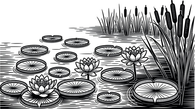 Pond water lily and cattail reed landscape sketch, hand drawn black line engraving swamp nature vector background template
