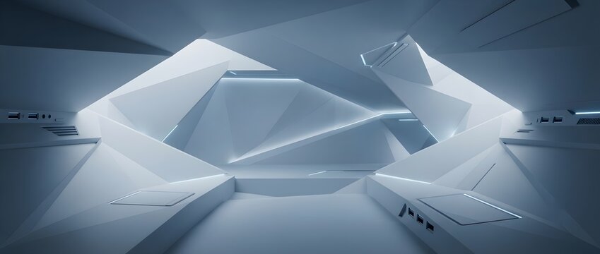 Abstract futuristic tech interior with deconstructivist architecture and soft volumetric lighting for corporate copy space