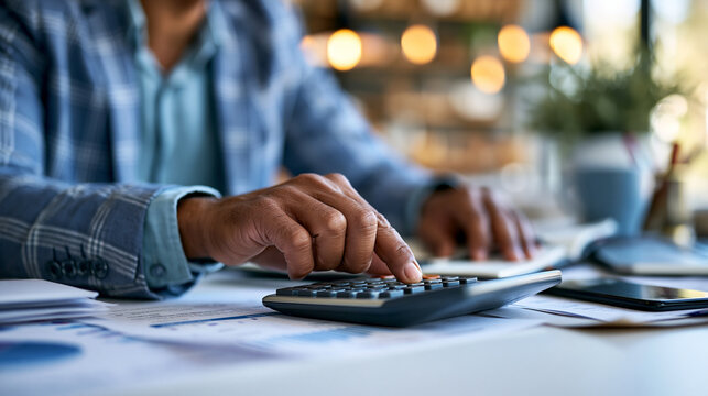 Faceless businessman using a calculator for bookkeeping payroll and budget tax on a bright desk with financial documents accounting investment with copy space