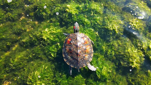 Top view of a turtle swimming in a pond with green aquatic plants
