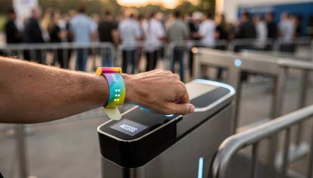 Medium shot of a person scanning a wristband at the venue gate capturing the scanning device clearly while the crowd is out of focus.
