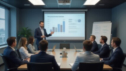 Fototapeta premium Blurry image shows group in meeting with presenter
