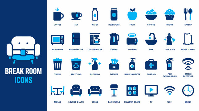 Break Room Icons Collection: A comprehensive set of graphic icons representing various amenities and items commonly found in a break room, including beverages, appliances, cleaning supplies.