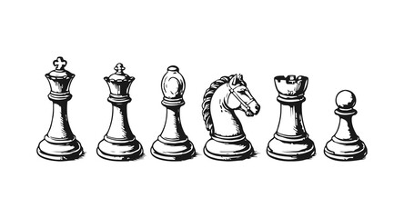 Simple hand drawn chess pieces game sketch set, engraved king, queen, bishop, knight, rook, pawn illustration clip art. © Leg_IO