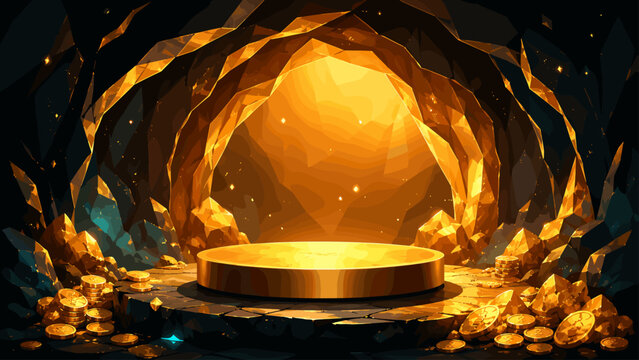 Golden cae product scene with rocks, coins and warm glowing arch, cae, gold, coins, rocks, arch, product, display, treasure, warm,
