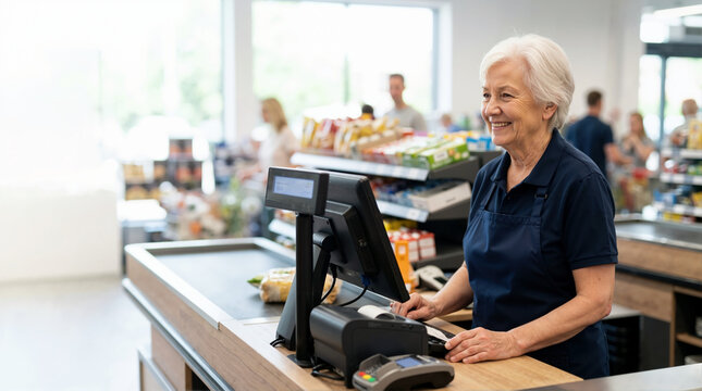Senior female cashier smiling at supermarket checkout counter. Elderly woman working as retail employee operating cash register. Active aging in workplace