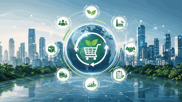 Sustainable procurement digital concept oer city skyline, sustainable, procurement, city, dashboard, technology, business, green,