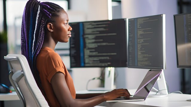 African american female software developer writing code on laptop and monitors with developer programmer software computer technology programming professional development keyboard application