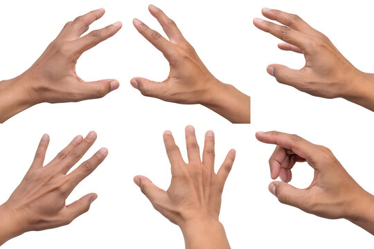 Set of male hands showing various gestures isolated on white background with gestures communication reaching grasping pointing collection isolated background touching expressive