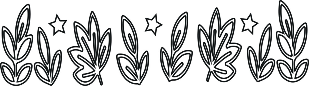 Decorative border with black and white line leaves and stars arranged in a horizontal pattern for applications