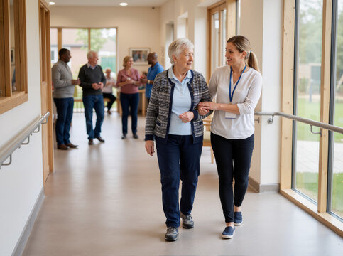 Three women share warm conversation: elderly woman centered, two younger women supporting her. Hands on shoulders show deep care and connection. Soft lighting, casual clothes, coffee cups create intim