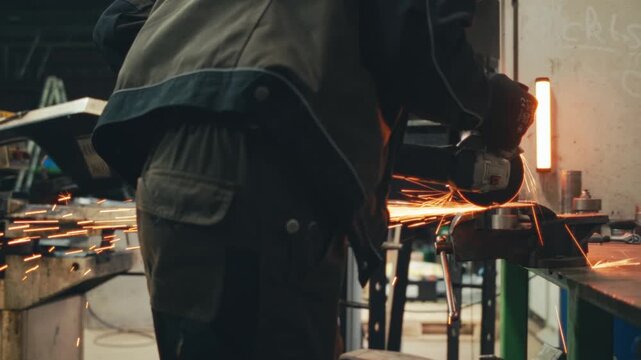 worker in uniform with protective glasses gloves cuts metal with angle grinder flex, sparks fly slow motion video. safety techniques at work using dangerous devices. close-up view of sparks flying out