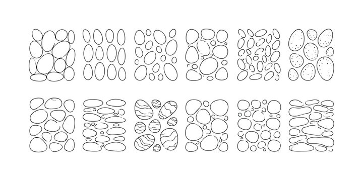 Oval egg and stone outline pattern collection on white background, ovals, eggs, stones, outline, pattern, black, white, shapes,