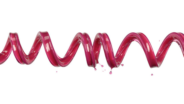 A long continuous horizontal spiral splash of vibrant red liquid with small droplets flying off isolated on a solid black background for
