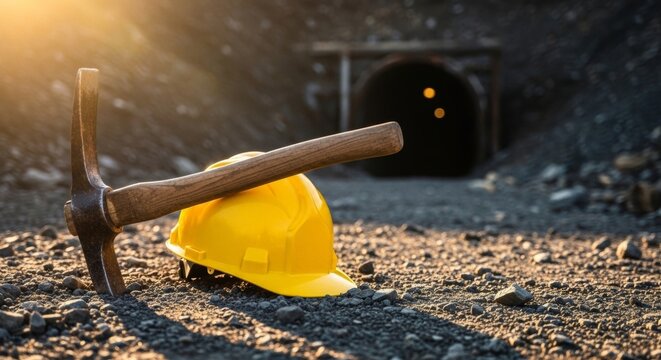 Mining pickaxe and hard hat at mine entrance, symbolizing industry, hard work, and safety during golden hour.