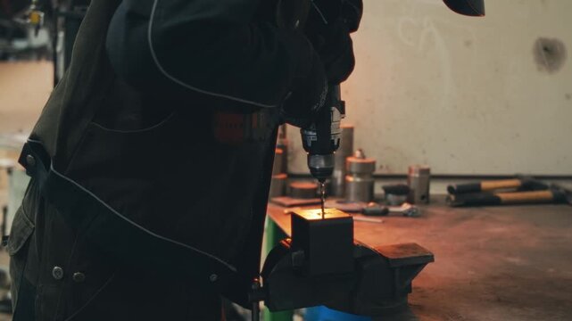 worker in uniform with protective glasses gloves drills metal with drill. safety techniques at work using dangerous devices. close-up view drill makes hole, drills through. electric drill in action