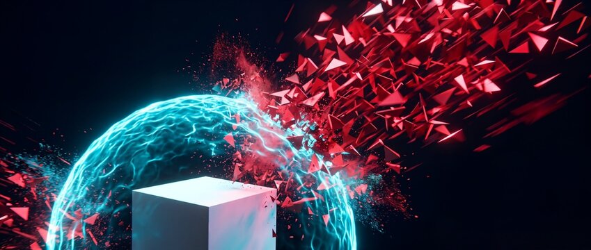 Glowing blue energy shield protecting a white cube from an attack of shattering red triangular projectiles