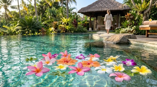 Serene Tropical Resort Pool with Floating Flowers and a Person in a Robe.