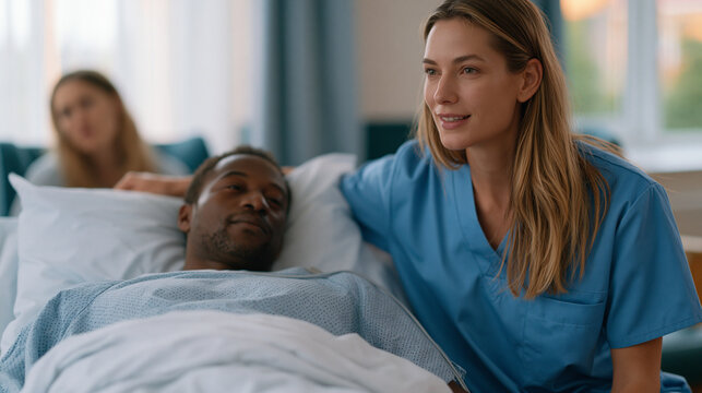 Nigerian speech pathologist kneels beside a locked-in syndrome patient reclined in a motorized hospital bed, holding up an eye-tracking communication board while a family member