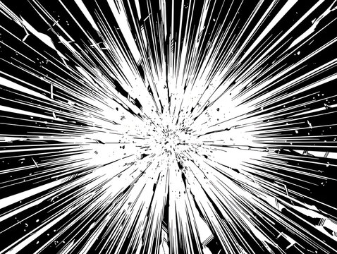 黒背景の中央から力強く放射される白い集中線と激しい破片風の粒子を描いた、大迫力でエネルギッシュな戦闘漫画風の抽象横型背景素材